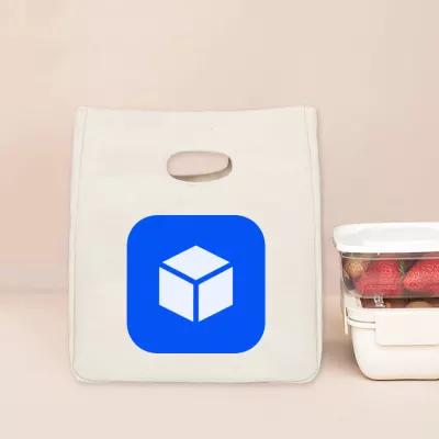 bulk corporate gifts logo print Lunch Bag, Minimalist Geometric Cube Print Tote, Off-White Cutout Handle Lunch Bag for Work and School