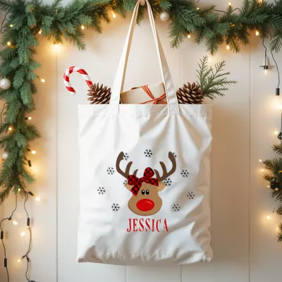 Reindeer Face Christmas Tote Bag, Red Nose Reindeer with Plaid Bow, Snowflakes and Custom Name Print, Holiday Shopping Bag for Christmas