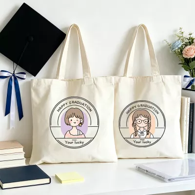 Happy Graduation Cartoon Girl Tote Bag, Personalized Grad Portrait Canvas Handbag, Custom Name Keepsake, School Shopping Organizer