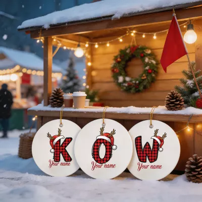 Personalized Monogram Letter Christmas Ornament, Buffalo Plaid Initial with Santa Hat and Reindeer Antlers, Custom Name Ceramic Tree Decoration, Festive Keepsake Gift