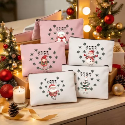 Personalized Christmas Pouch 2026, Santa Snowman Polar Bear Zippered Cosmetic Bag, Custom Name Holiday Gift, White or Pink Makeup Organizer