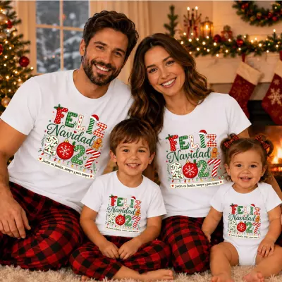 Feliz Navidad 2027 Family Christmas Shirt, Red Snowflake Gingerbread Candy Cane Print, Matching Holiday Tee for Mom Dad Kids