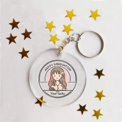 Happy Graduation Girl Keychain, Personalized Graduate Gift, Long Hair Line Art Charm, Custom Name Keepsake, Your Lucky Grad Present