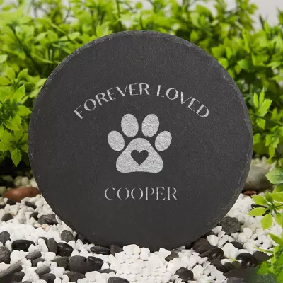 Forever Loved Paw Print Memorial Stone, Personalized Pet Name Keepsake, Custom Dog Cat Loss Gift, Engraved Round Black Stone, Cooper Tribute