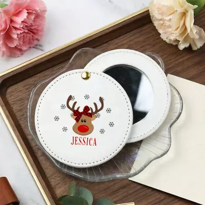 Reindeer Christmas Personal Mirror with Name, Plaid Bow Red Nose Design, Snowflake Round Compact Mirror for Holiday Stocking Stuffer