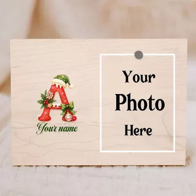 Christmas Monogram A Wooden Plaque, Personalized Santa Hat Holly Candy Ornament Keepsake, Custom Name & Photo Holiday Decor, Festive Letter A Wall Sign