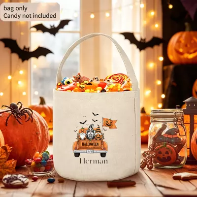 Personalized Halloween Truck Bucket Bag, Custom Name Candy Tote with Skeleton Ghost Pumpkins, 31/10 Trick or Treat Bag for Kids