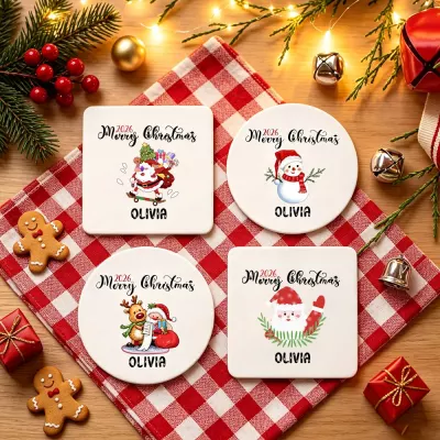 Personalized Christmas Ceramic Coaster custom Name  Santa snowman christmas gift holiday drink coaster