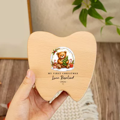 Personalized My First Christmas Tooth Ornament, Teddy Bear with Christmas Tree, Custom Baby Name Keepsake, 2026 First Holiday Decoration