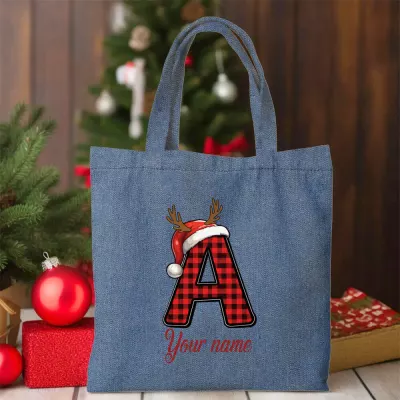 Monogram A Christmas Tote Bag, Red Plaid Initial with Santa Hat and Reindeer Antlers, Personalized Name Script, Blue Twill Carryall