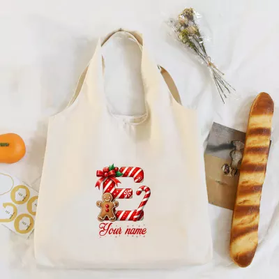 Personalized Candy Cane Letter G Christmas Tote Bag, Gingerbread Man Monogram Bag, Custom Name Holiday Shopper, Christmas Candy Cane Gift Bag