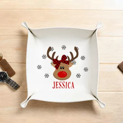 Reindeer Face Christmas Tray with Plaid Bow and Snowflakes, Personalized Name Jessica Holiday Serving Tray, Custom Name Christmas Decor