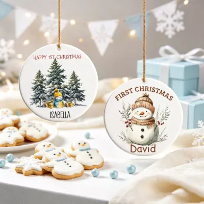 Personalized First Christmas Ornament, Snowman & Winter Forest Design, Custom Name Ceramic Keepsake for Baby's 1st Holiday, New Parents Gift