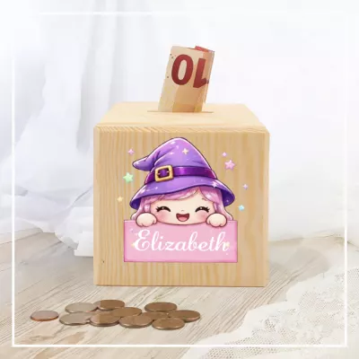 Personalized Witch Girl Piggy Bank, Custom Name Coin Box, Pink Hair Witch Hat Money Saving Box, Kids Birthday Gift, Light Wood Keepsake
