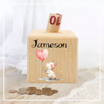Personalized Cat & Heart Balloon Coin Bank, Custom Name Piggy Bank, Wooden Money Box Gift for Kids, Birthday Savings Bank