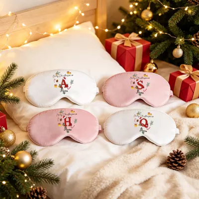Personalized Christmas Sleep Mask with Monogram Initial, Custom Name Eye Mask, Holly & Gift Box Holiday Design, Soft Light-Blocking Travel Mask, Christmas Gift for Her