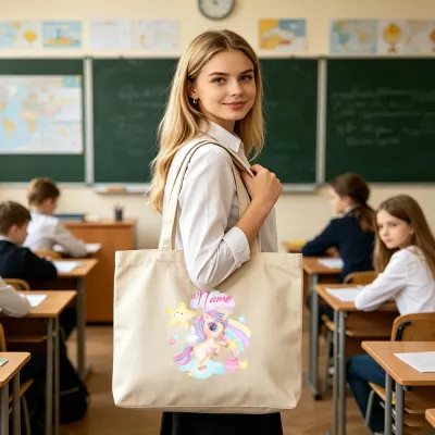 Unicorn Cloud Name Tote Bag, Cartoon Unicorn with Pink Blue Mane on White Cloud, Stars and Hearts Design, Beige Canvas Carryall for Kids