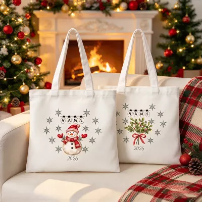 Personalized Christmas Tote Bag 2026, Snowman and Mistletoe Designs, Custom Name Reusable Shoulder Bag, Winter Holiday Shopping Tote, Christmas Gift