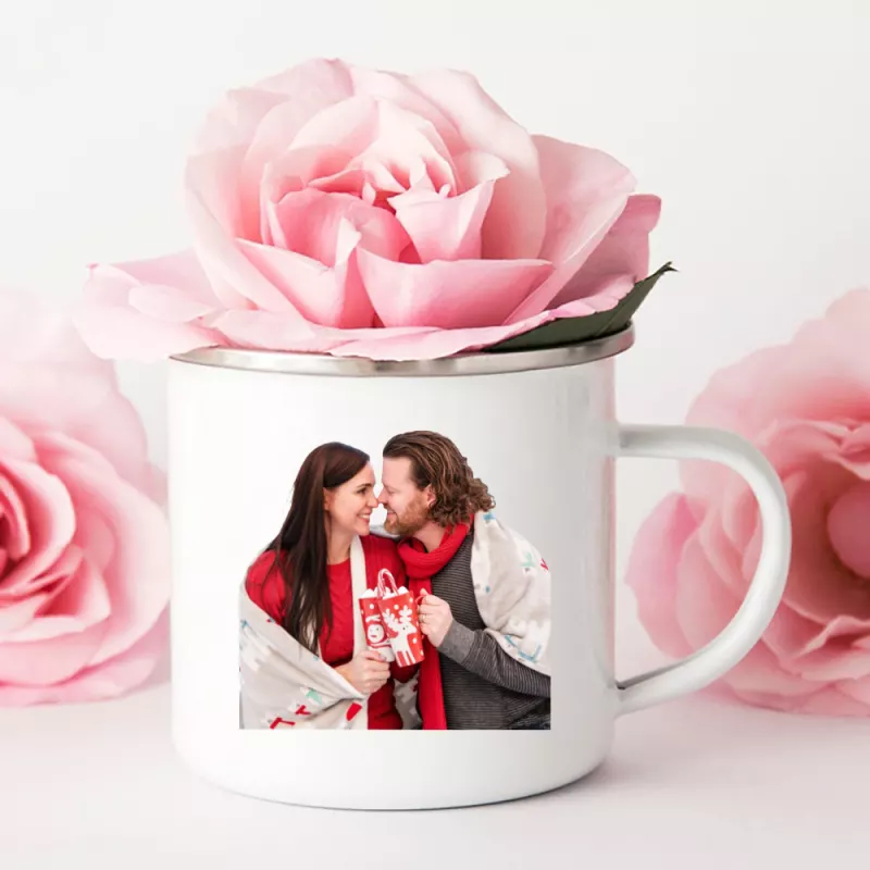 Personalized Enamel Mug with Christmas Couple Design, 12oz Custom Camping Cup