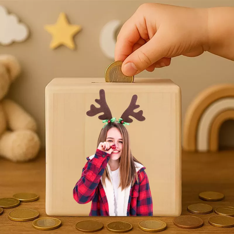 Personalized Wooden Money Box with Christmas Girl Design
