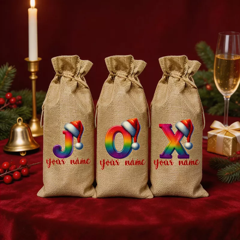 Personalized Christmas Wine Gift Bag with Santa Hat Initials