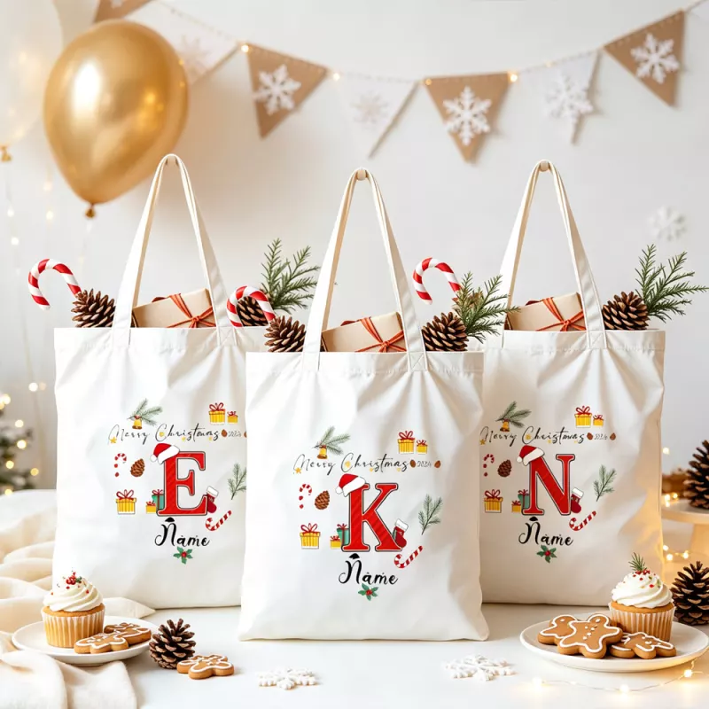 Personalized Christmas Monogram Tote Bag with Santa Hat and Name