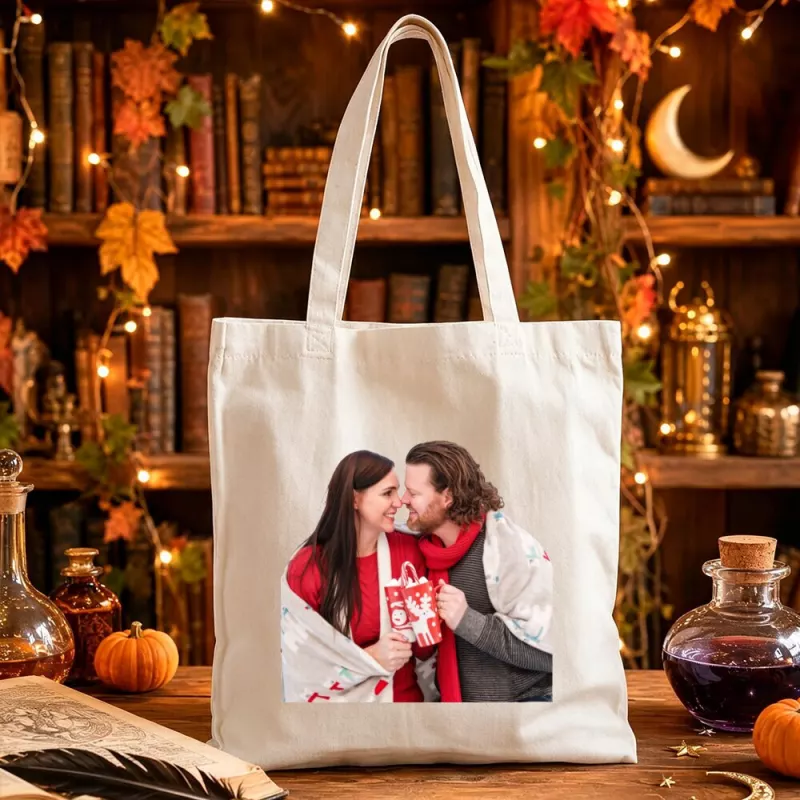 Couple photo custom print Personalized reusable Canvas shoulder Tote Bag for Holiday Gifts