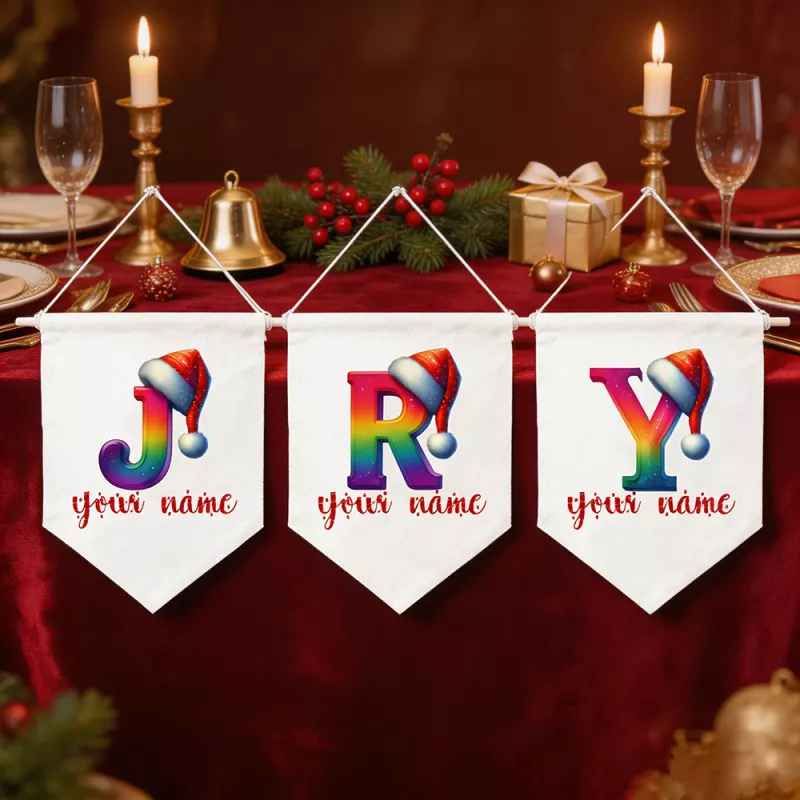Personalized Christmas Pennant Banner with Santa Hat Initials and Custom Name