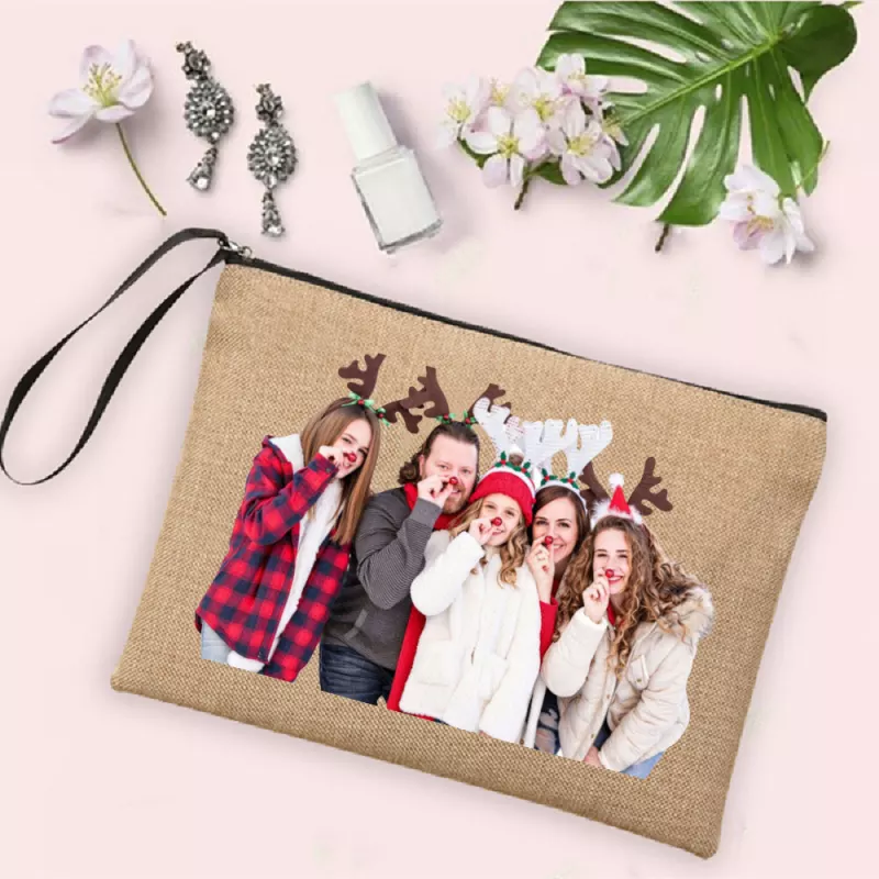 Personalized Christmas Family Photo Makeup Bag Clutch Pouch