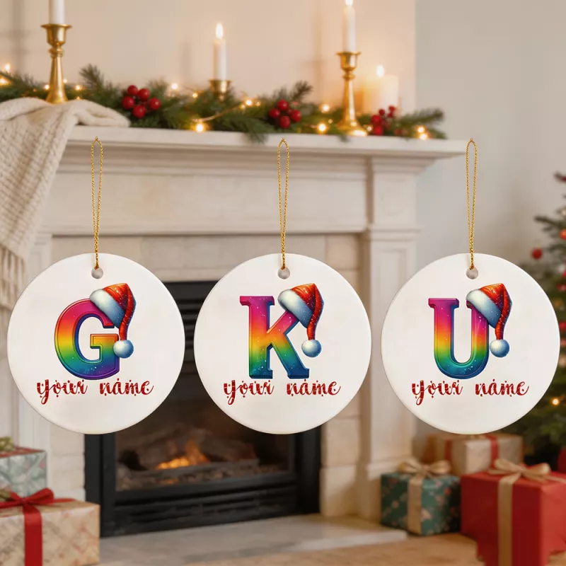 Personalized Christmas Ornament with Santa Hat Initial and Custom Name