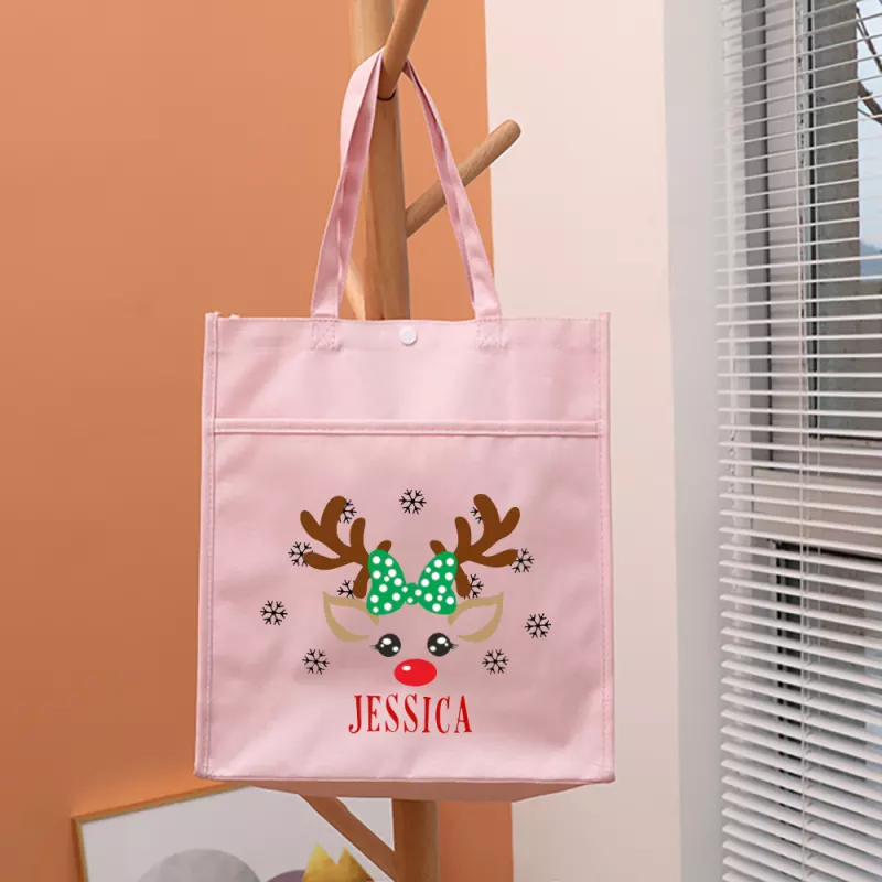 Reindeer Face Christmas Tote Bag with Custom Name
