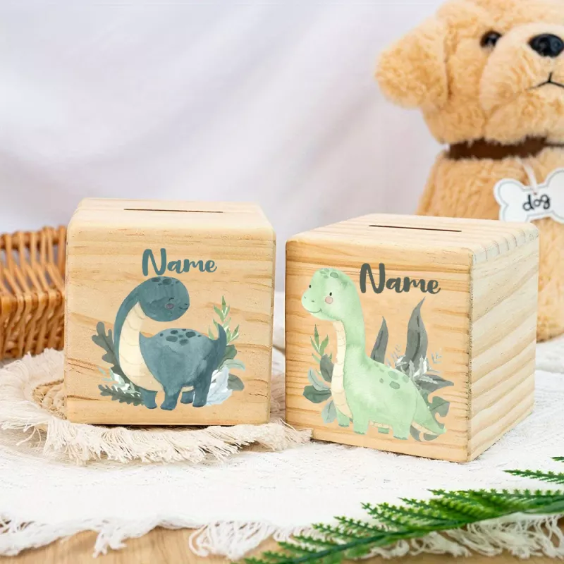 Personalized Dinosaur Piggy Bank Custom Name Wooden Coin Box for Kids