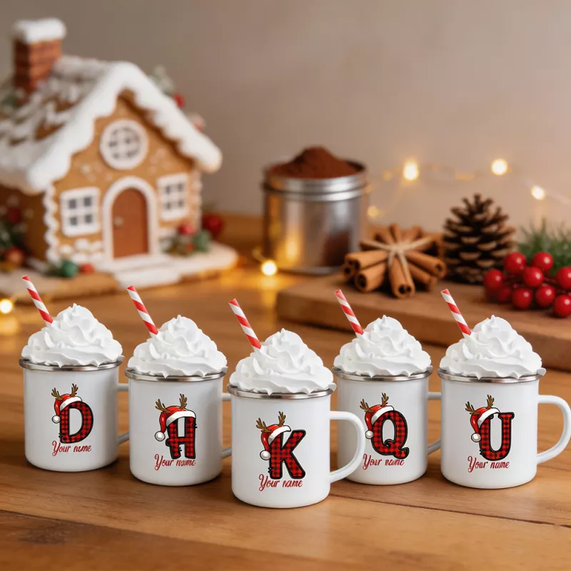 Personalized Christmas Monogram Mug with Santa Hat and Antlers