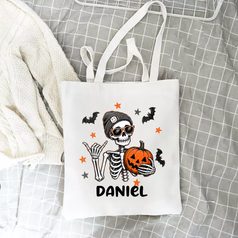 Personalized Halloween Skeleton Tote Bag with Custom Name