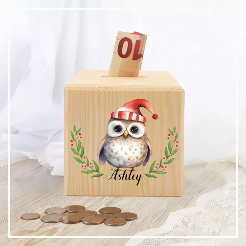 Personalized Wooden Money Box  Owl  Santa  Design santa owl piggy bank personalized savings box