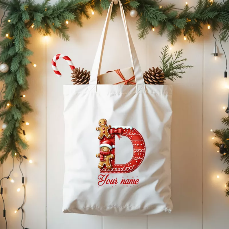 Personalized Christmas Monogram Tote Bag with Gingerbread Letter D