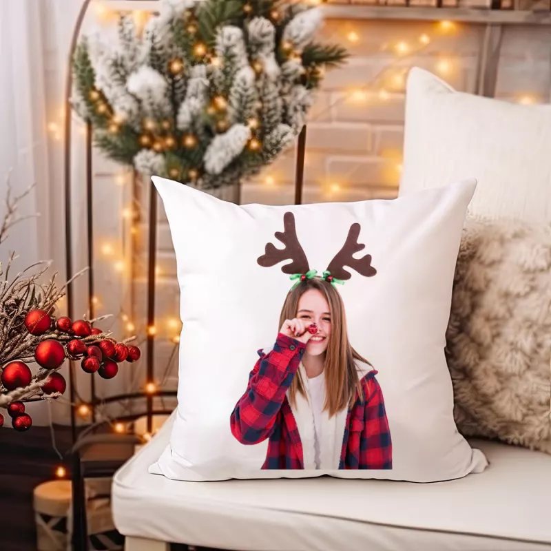 Personalized Christmas Reindeer Photo Cushion Cover for Holiday Home Decor