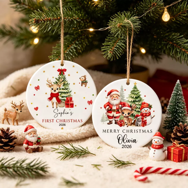 Personalized First Christmas Ornament with Reindeer and Santa Keepsake