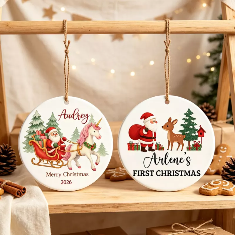 Personalized Christmas Ornament with Unicorn Sleigh and Reindeer Design
