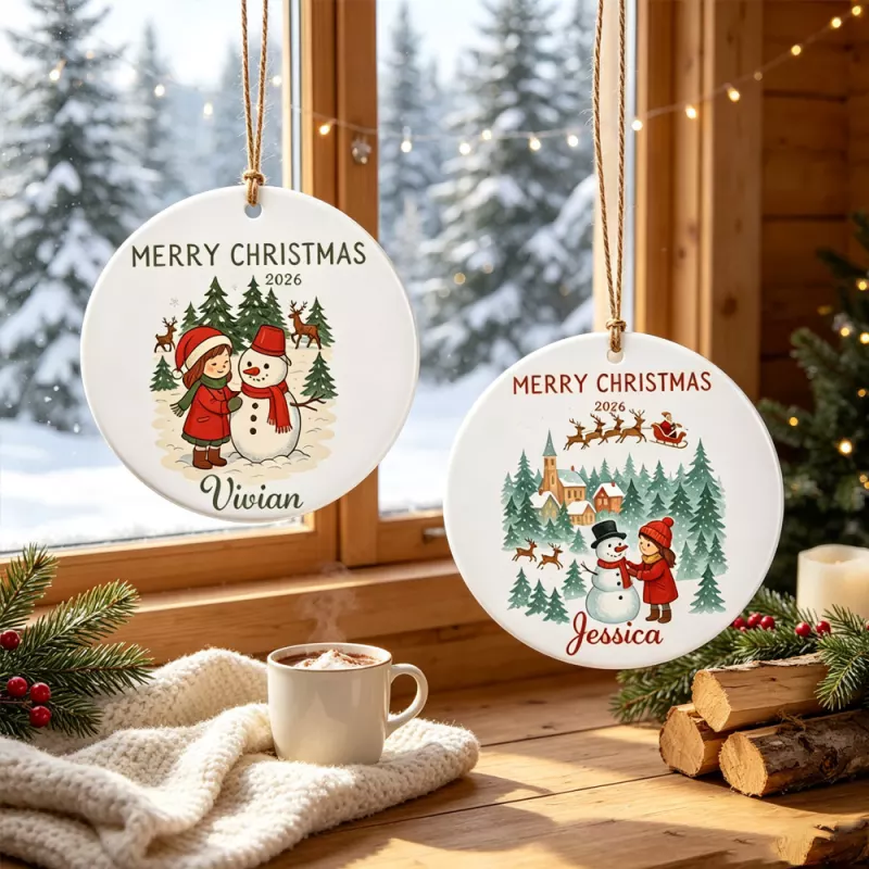 Personalized Christmas Ornament with Snowman and Reindeer Scene