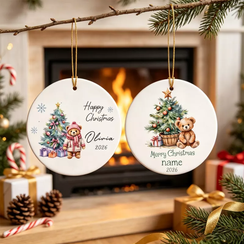 Personalized Christmas Tree Ornament with Teddy Bear and Custom Name