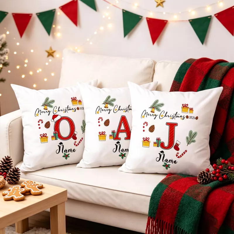 Personalized Christmas Monogram Pillow Cover with Custom Name