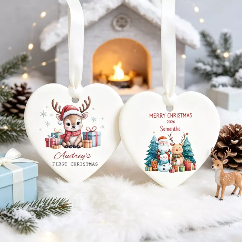 Personalized First Christmas Heart Ornament with Reindeer and Santa