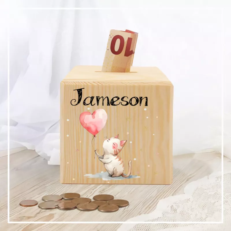 Personalized Cat Heart Balloon Coin Bank for Kids