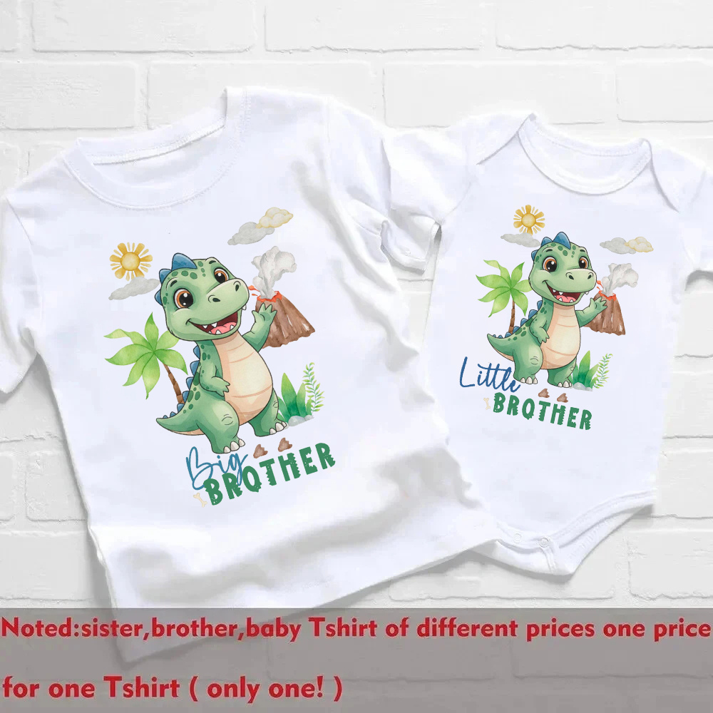Big Brother Dinosaur T-Shirt, Little Brother Bodysuit, Matching Sibling Set, Green Dino Volcano Palm Tree, Baby and Toddler Brother Outfits