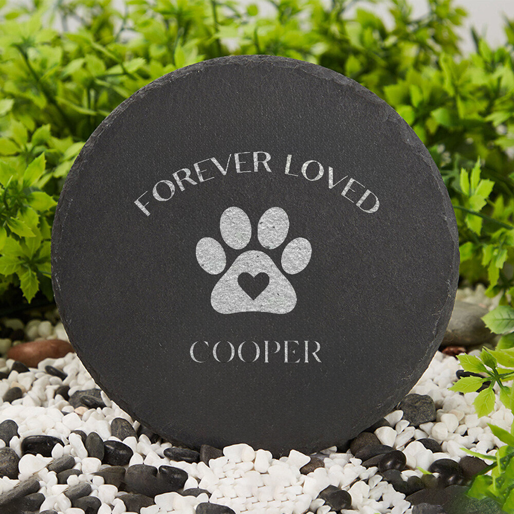Forever Loved Paw Print Memorial Stone, Personalized Pet Name Keepsake, Custom Dog Cat Loss Gift, Engraved Round Black Stone, Cooper Tribute