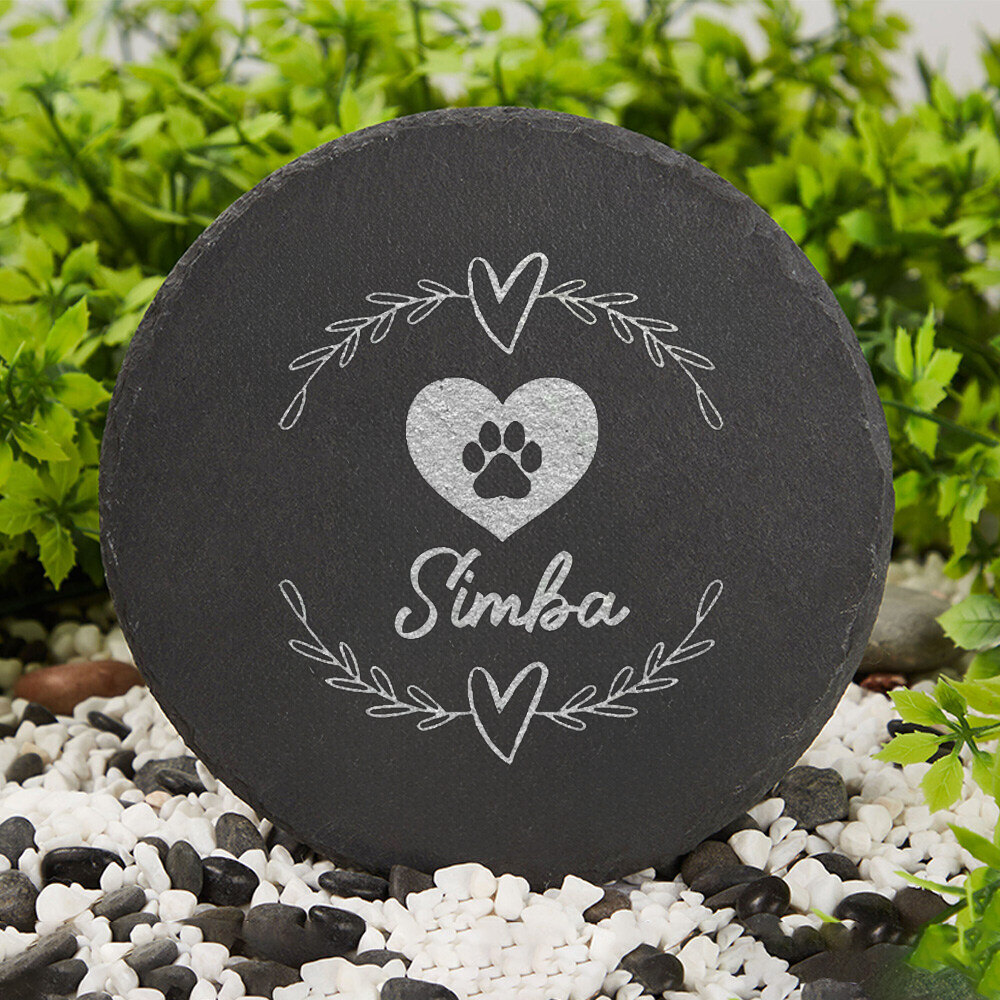 Personalized Paw Print Heart Memorial Stone, Custom Pet Name Keepsake, Engraved Leafy Branch Design, Sympathy Gift for Pet Loss