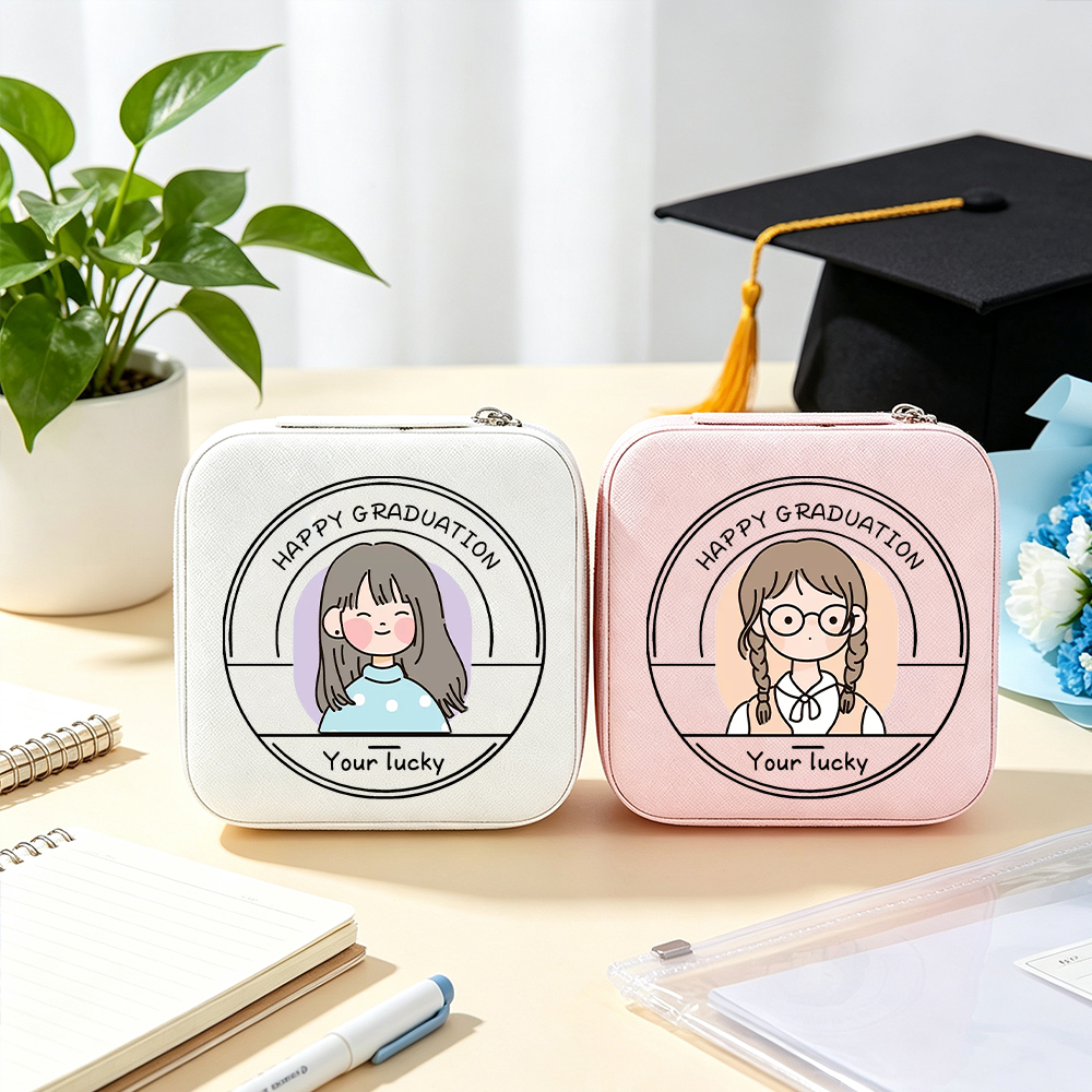 Happy Graduation Jewelry Box, Personalized Grad Gift for Her, Custom Portrait Print Case, Lucky Girl Design, Earring Ring Organizer, Graduate Keepsake
