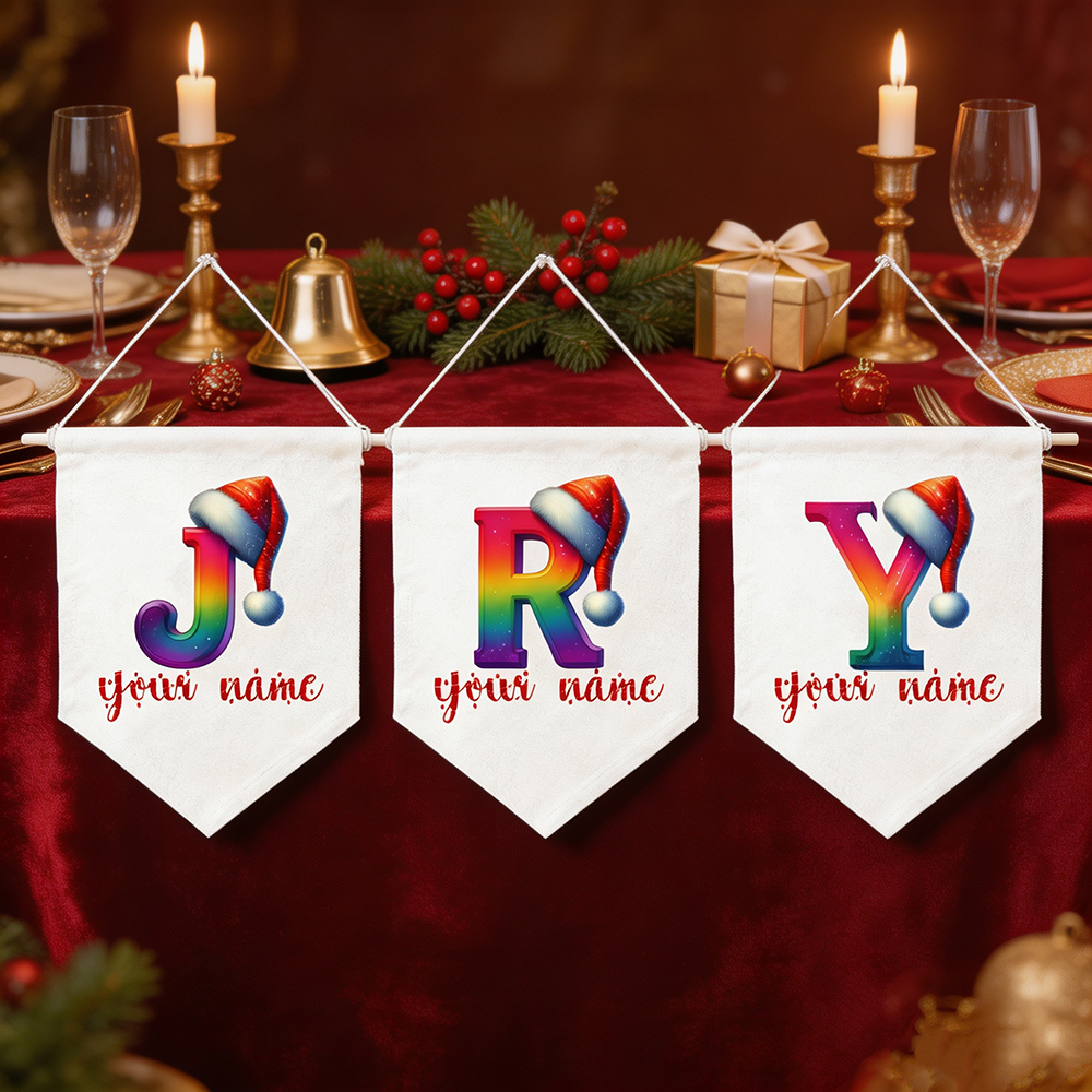 Personalized Christmas Pennant Banner, Rainbow Monogram Initial Letters with Santa Hats, Custom Name Hanging Flag Garland, Festive Xmas Wall Decor for Holiday Dinner, Family Gift