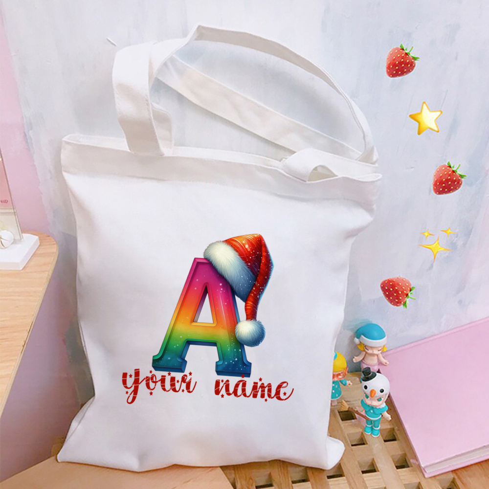 Rainbow Letter A Christmas Tote Bag, Santa Hat Monogram Initial A Tote, Holiday Letter A Bag, Christmas Gift Tote for Her